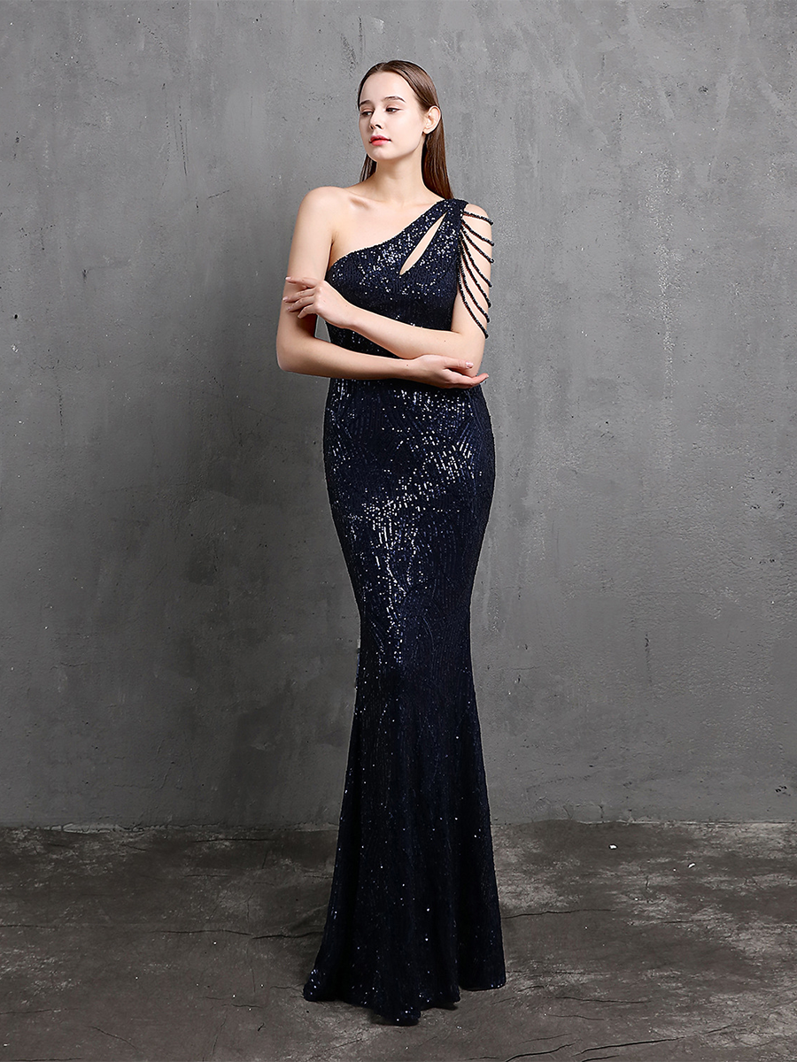 Elegant One-Shoulder Burgundy Sequin Gown M01960
