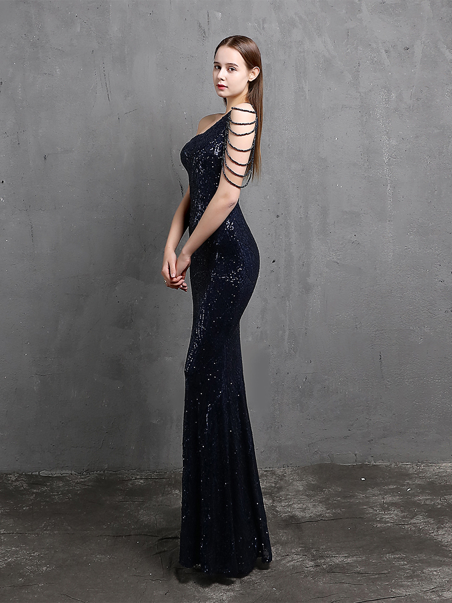Elegant One-Shoulder Burgundy Sequin Gown M01960