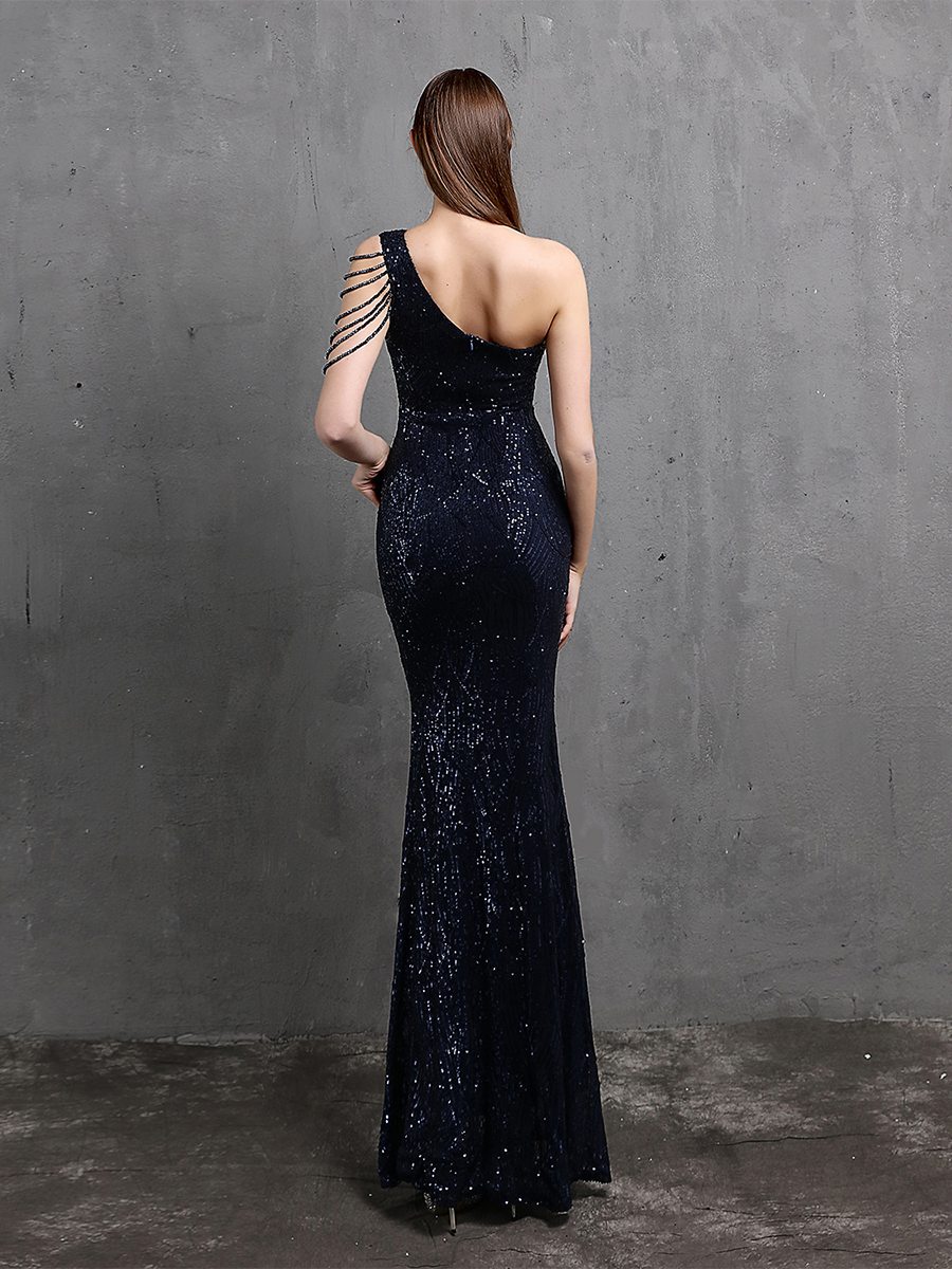 Elegant One-Shoulder Burgundy Sequin Gown M01960