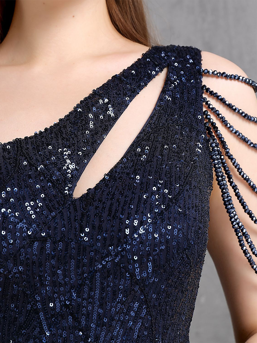 Elegant One-Shoulder Burgundy Sequin Gown M01960