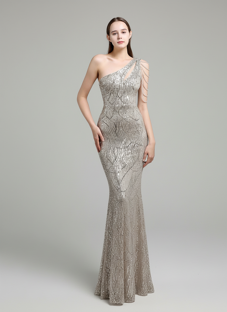 Elegant One-Shoulder Burgundy Sequin Gown M01960