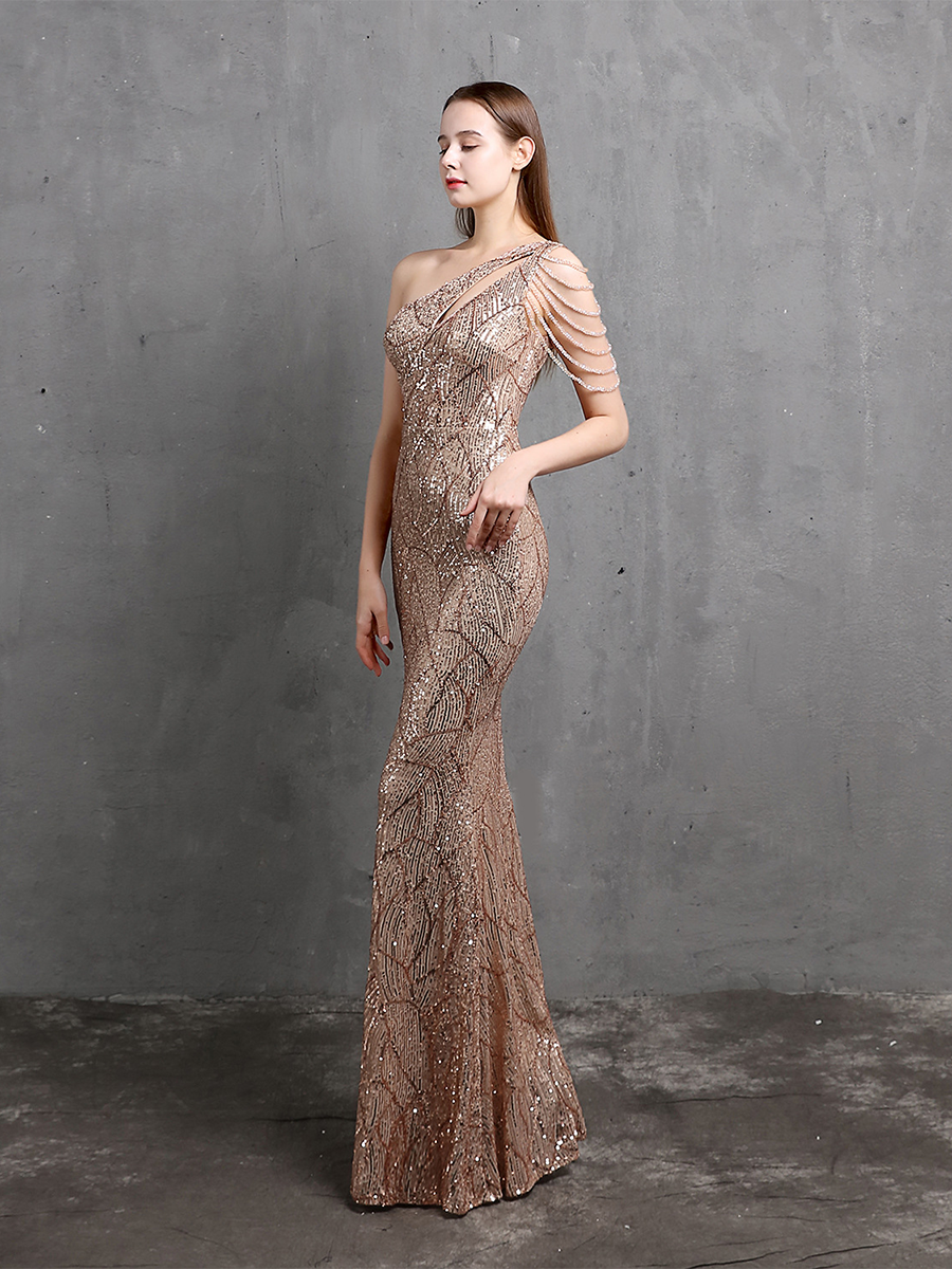 Elegant One-Shoulder Burgundy Sequin Gown M01960