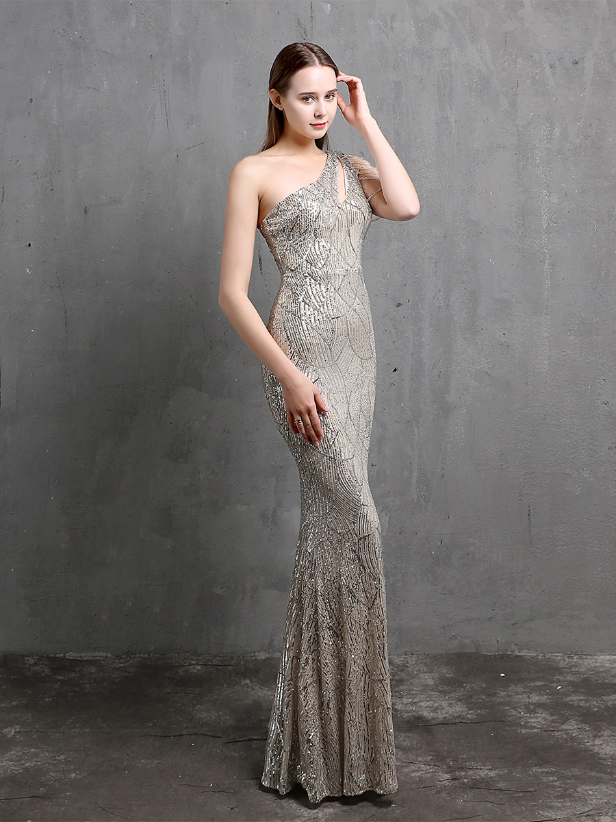 Elegant One-Shoulder Burgundy Sequin Gown M01960