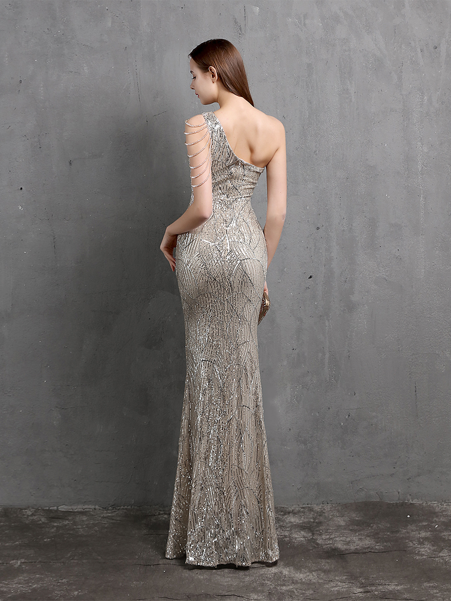 Elegant One-Shoulder Burgundy Sequin Gown M01960