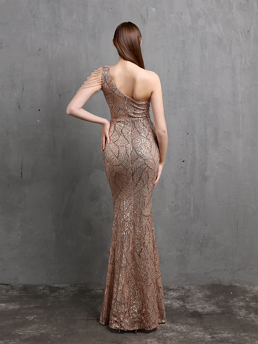 Elegant One-Shoulder Burgundy Sequin Gown M01960