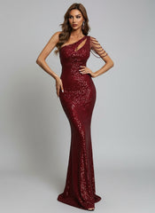 Elegant One-Shoulder Burgundy Sequin Gown M01960