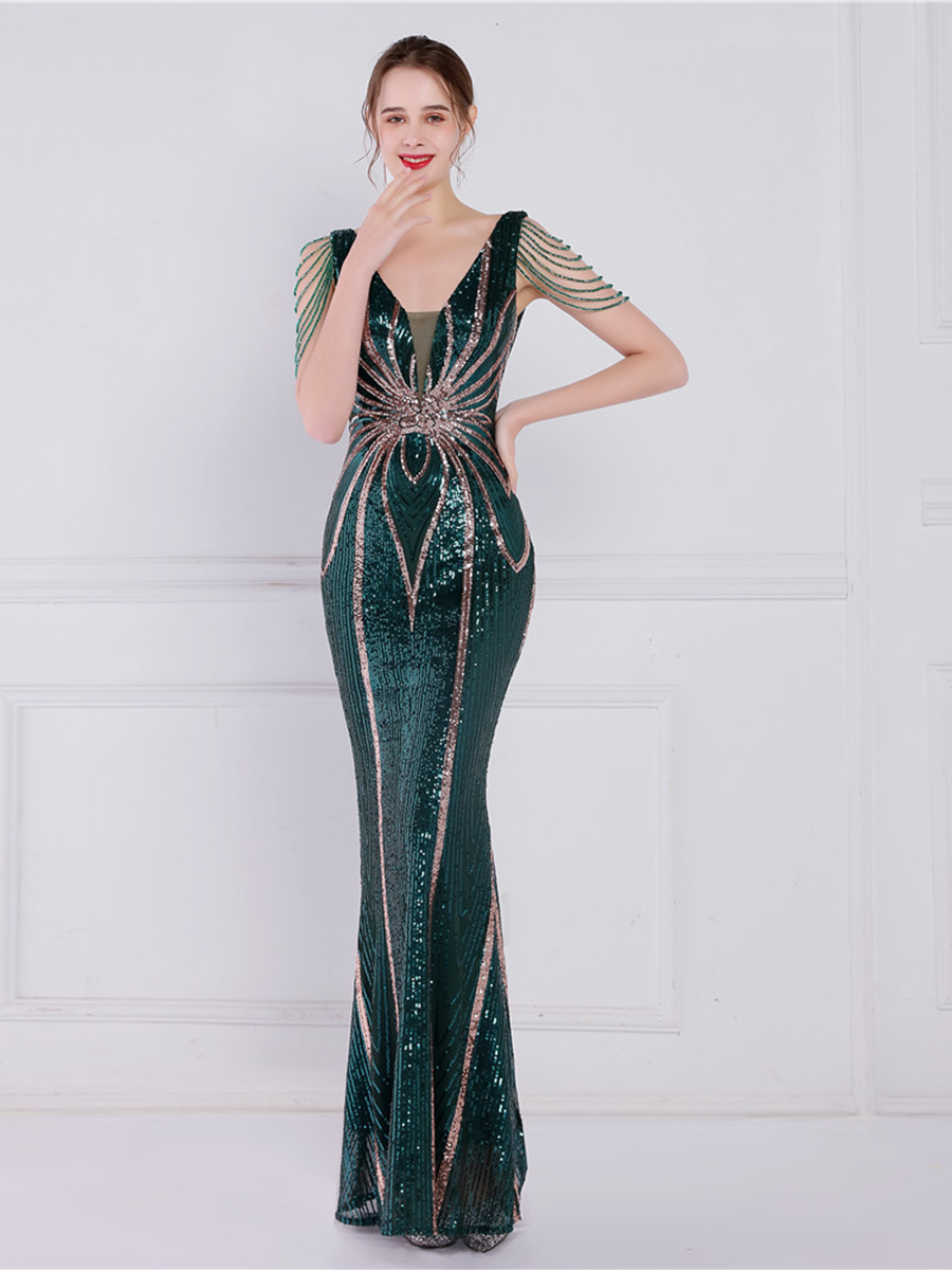 V Neck Elegant Multicolor Maxi Sequin Prom Dress M02092