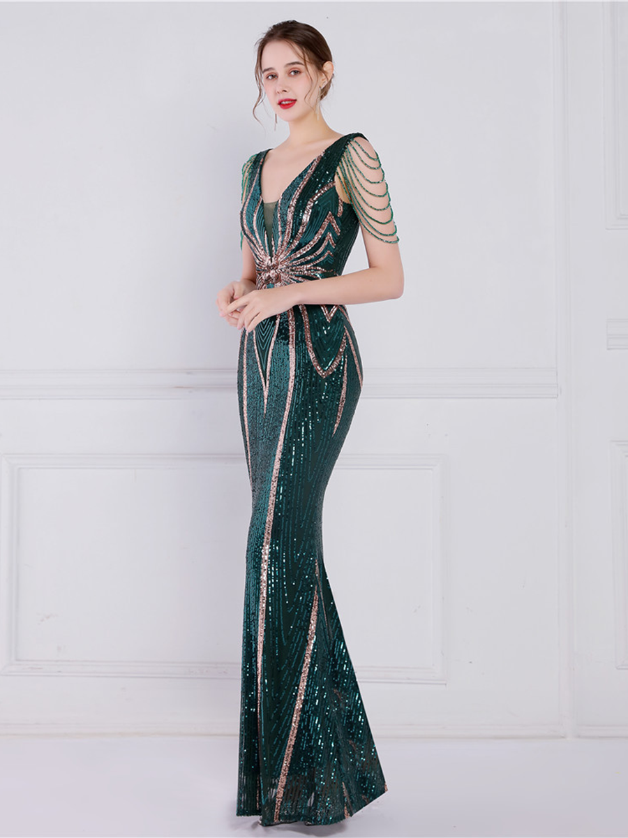 V Neck Elegant Multicolor Maxi Sequin Prom Dress M02092