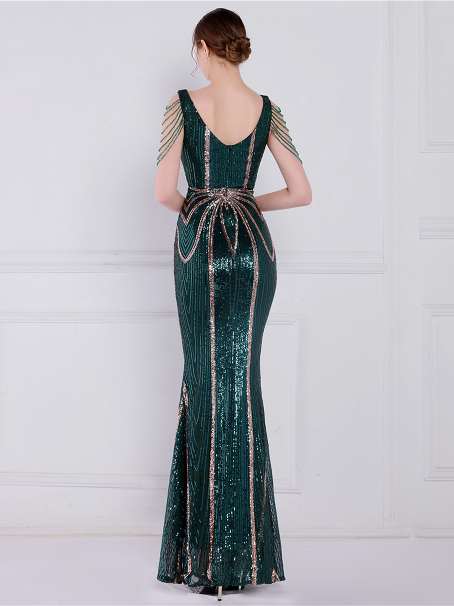 V Neck Elegant Multicolor Maxi Sequin Prom Dress M02092