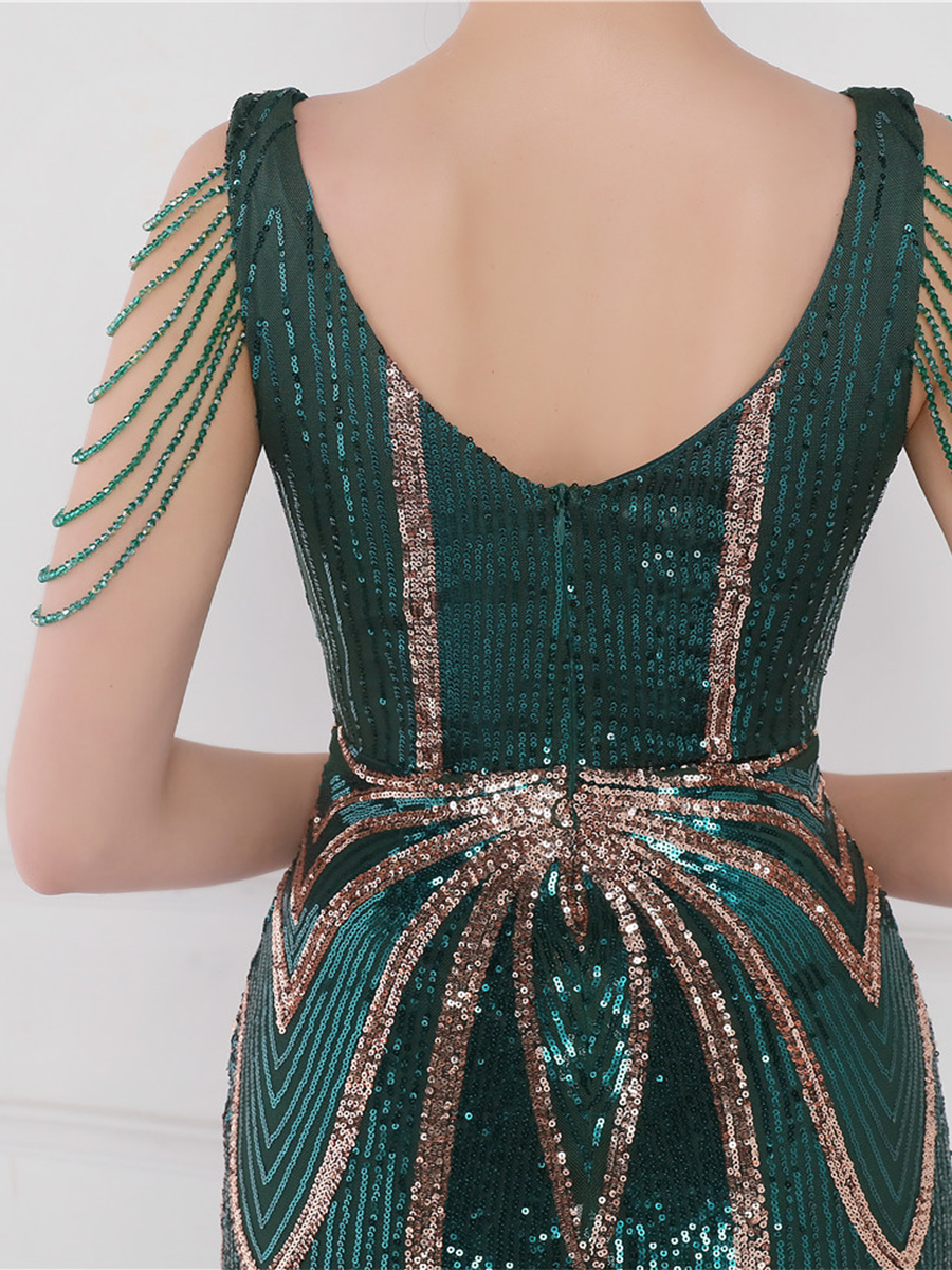 V Neck Elegant Multicolor Maxi Sequin Prom Dress M02092