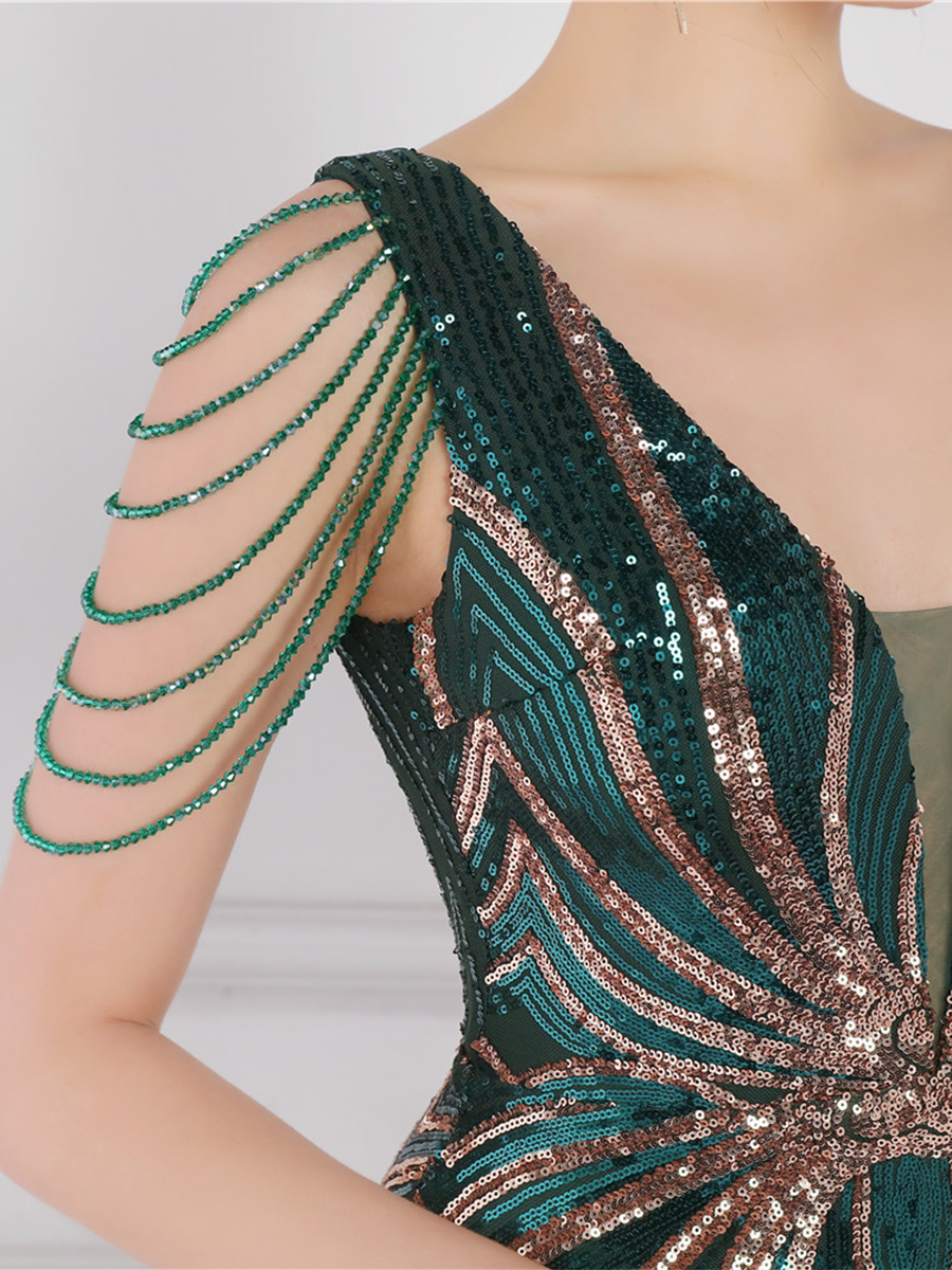 V Neck Elegant Multicolor Maxi Sequin Prom Dress M02092