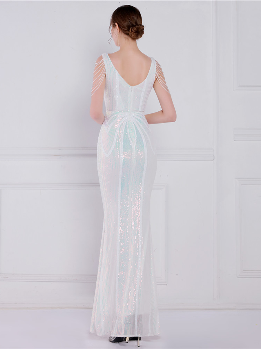 V Neck Elegant Multicolor Maxi Sequin Prom Dress M02092