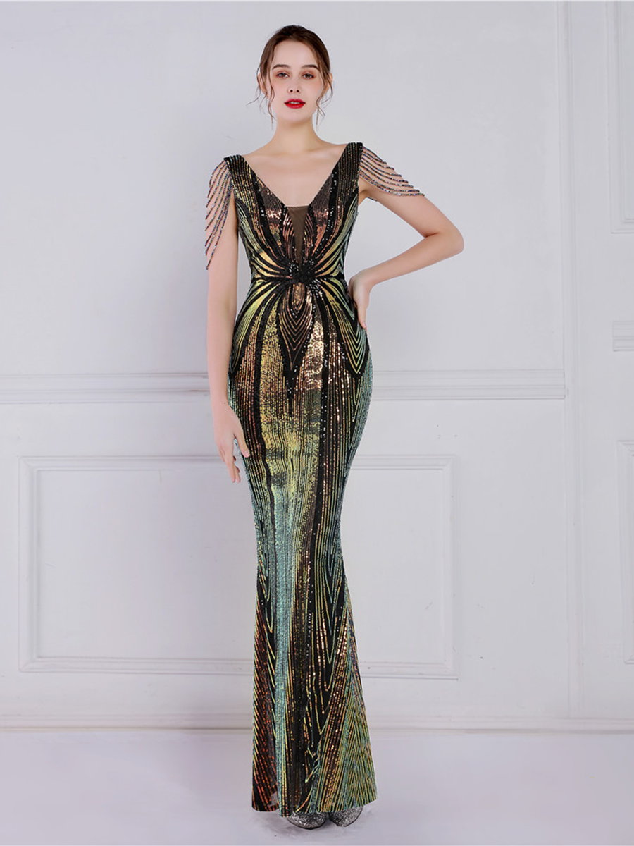 V Neck Elegant Multicolor Maxi Sequin Prom Dress M02092