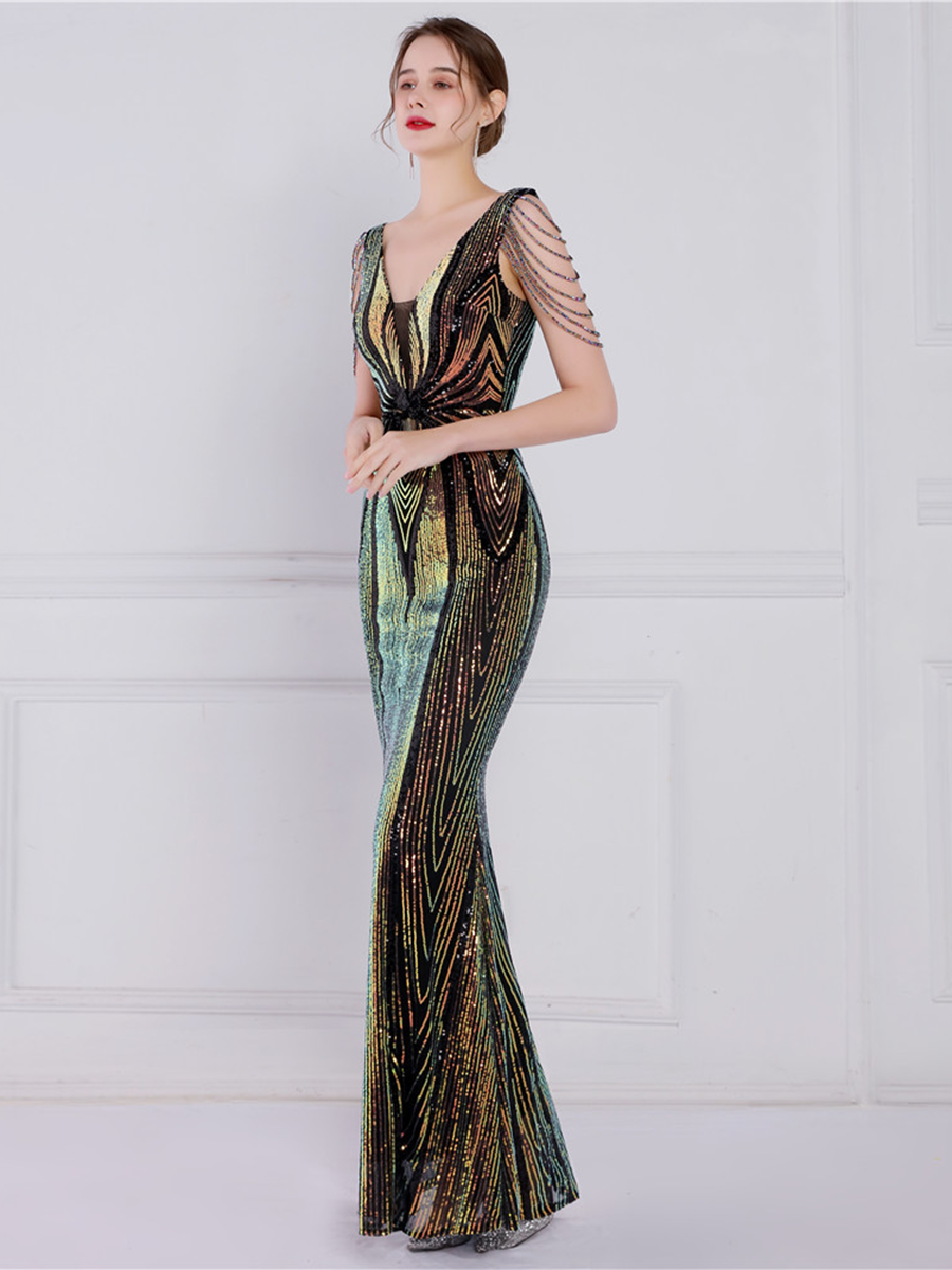 V Neck Elegant Multicolor Maxi Sequin Prom Dress M02092