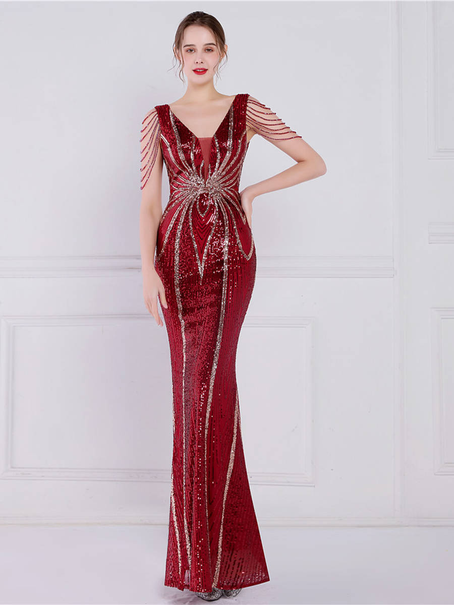 V Neck Elegant Multicolor Maxi Sequin Prom Dress M02092