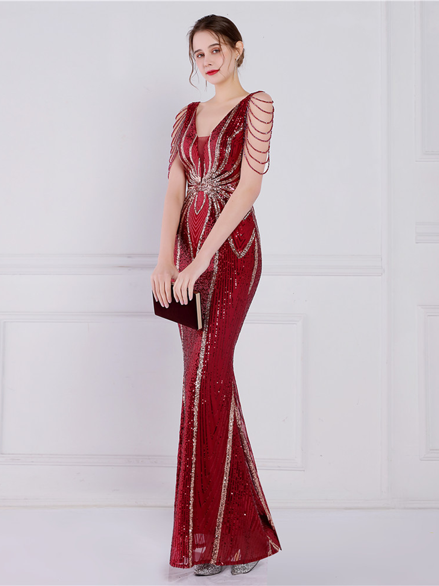 V Neck Elegant Multicolor Maxi Sequin Prom Dress M02092