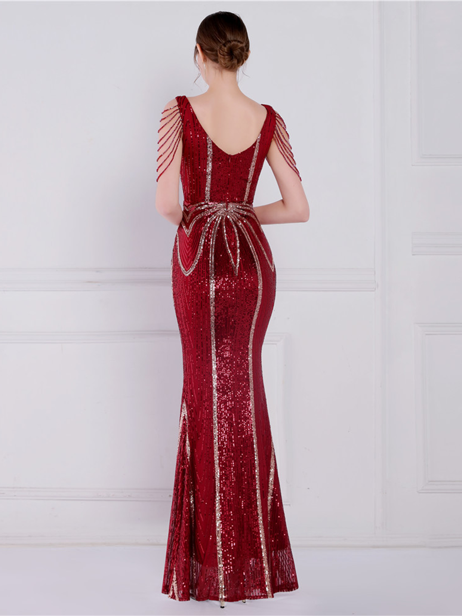 V Neck Elegant Multicolor Maxi Sequin Prom Dress M02092