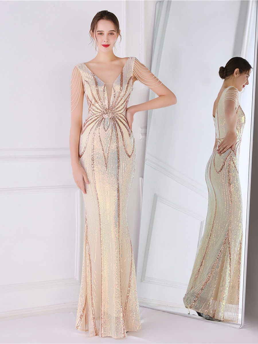 V Neck Elegant Multicolor Maxi Sequin Prom Dress M02092