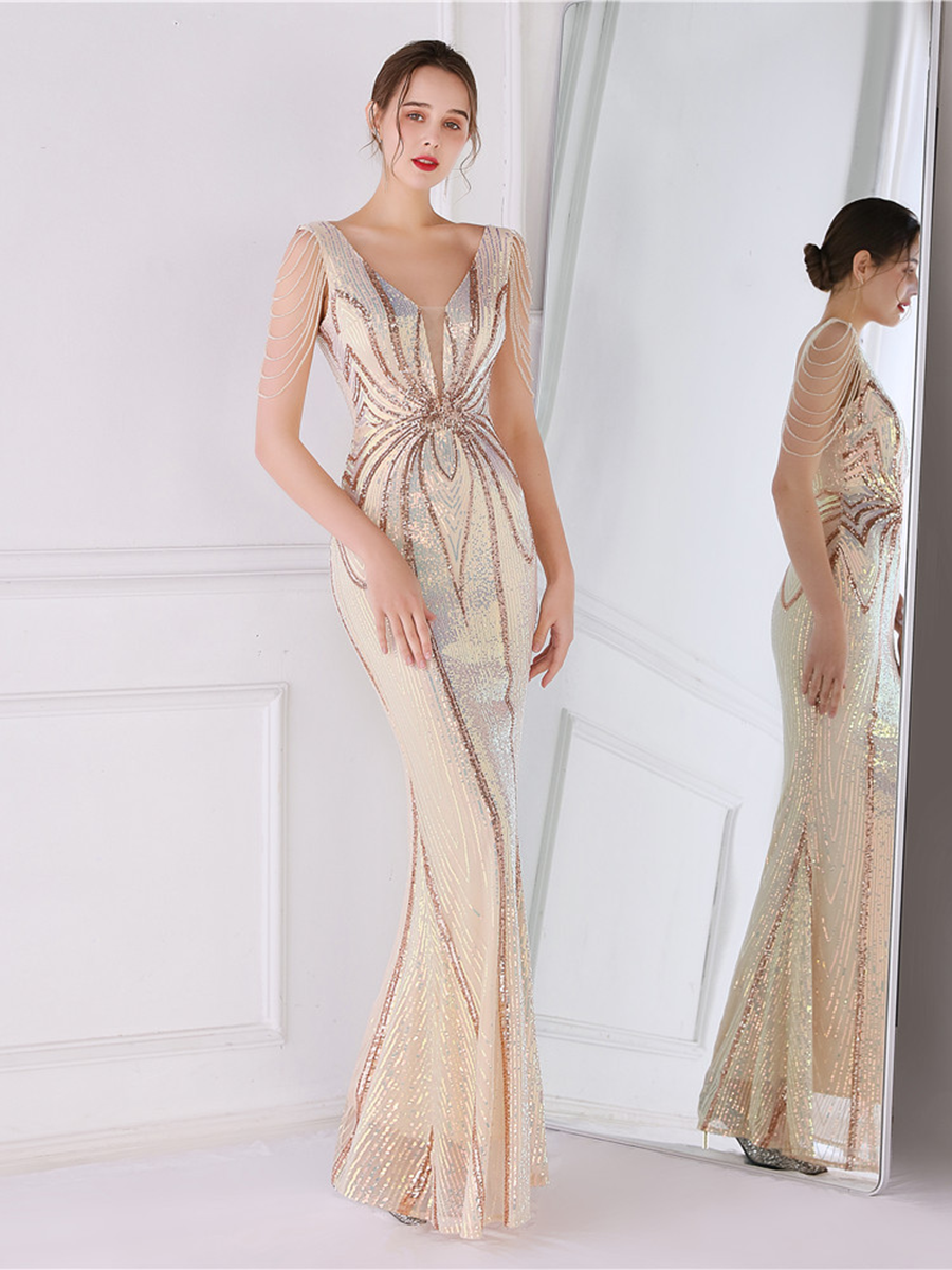 V Neck Elegant Multicolor Maxi Sequin Prom Dress M02092