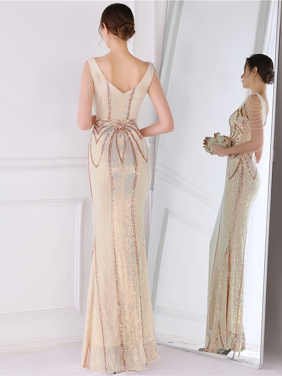 V Neck Elegant Multicolor Maxi Sequin Prom Dress M02092