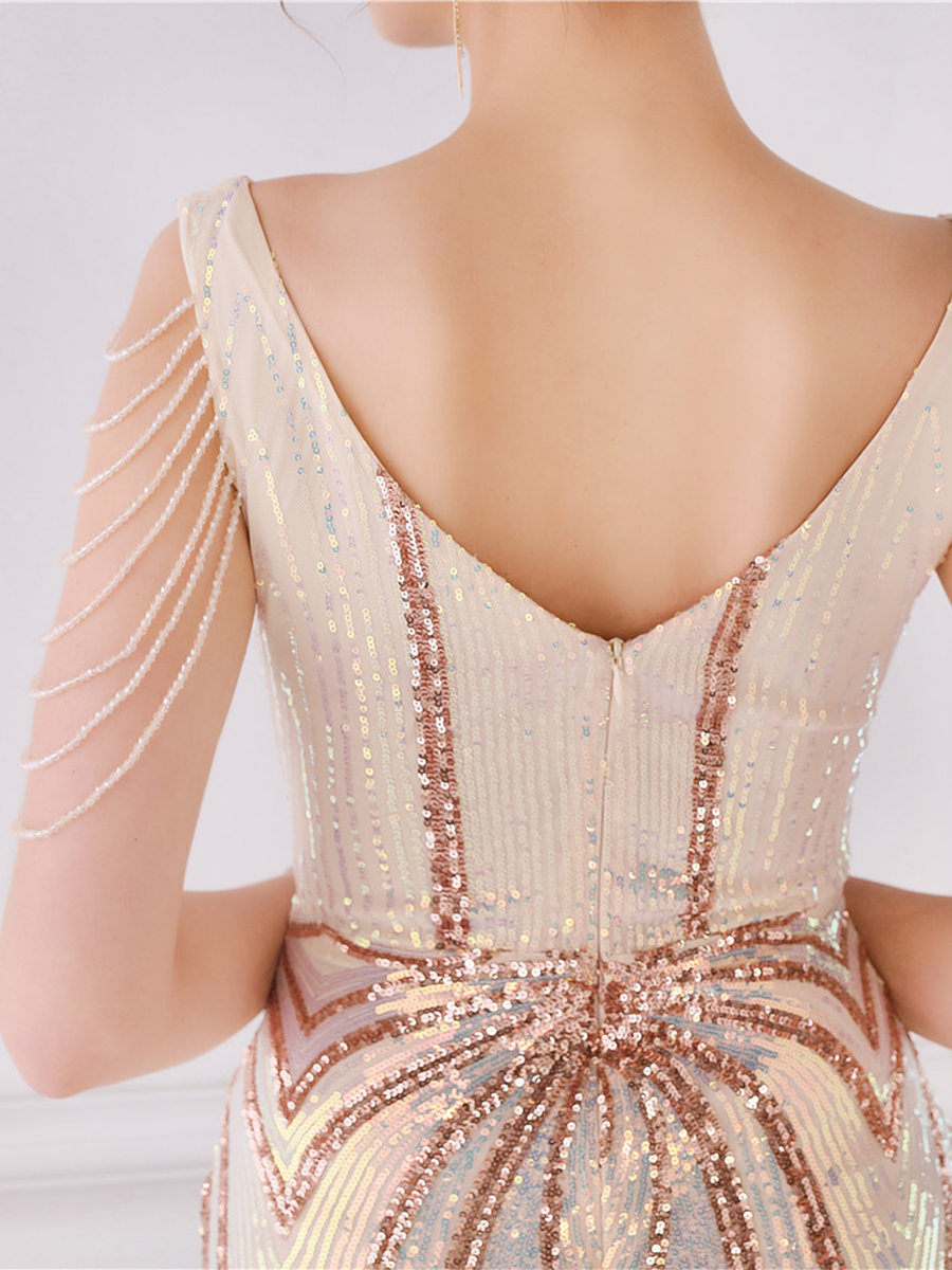 V Neck Elegant Multicolor Maxi Sequin Prom Dress M02092