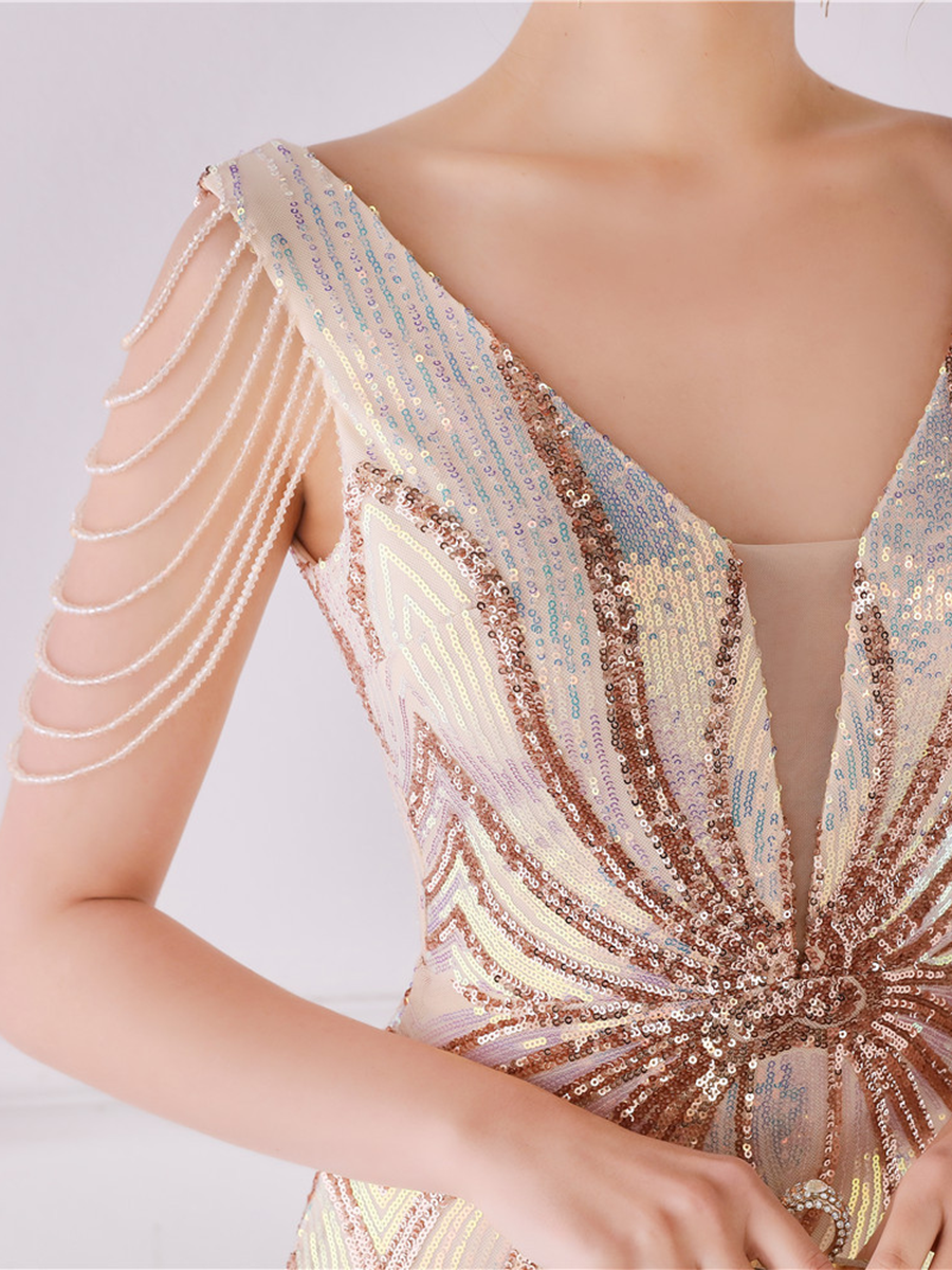 V Neck Elegant Multicolor Maxi Sequin Prom Dress M02092