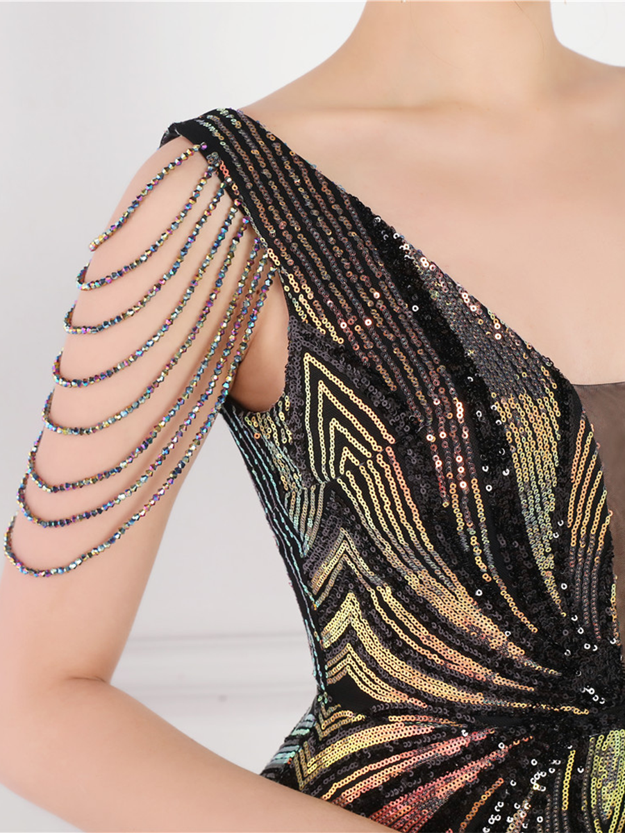 V Neck Elegant Multicolor Maxi Sequin Prom Dress M02092