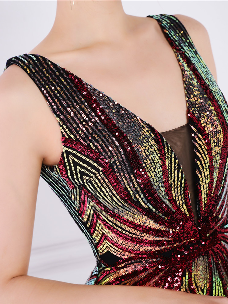 Sequin Graphic V-neck Prom Dress M02094