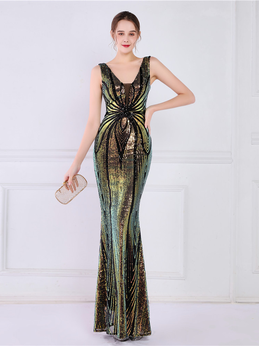 Sequin Graphic V-neck Prom Dress M02094