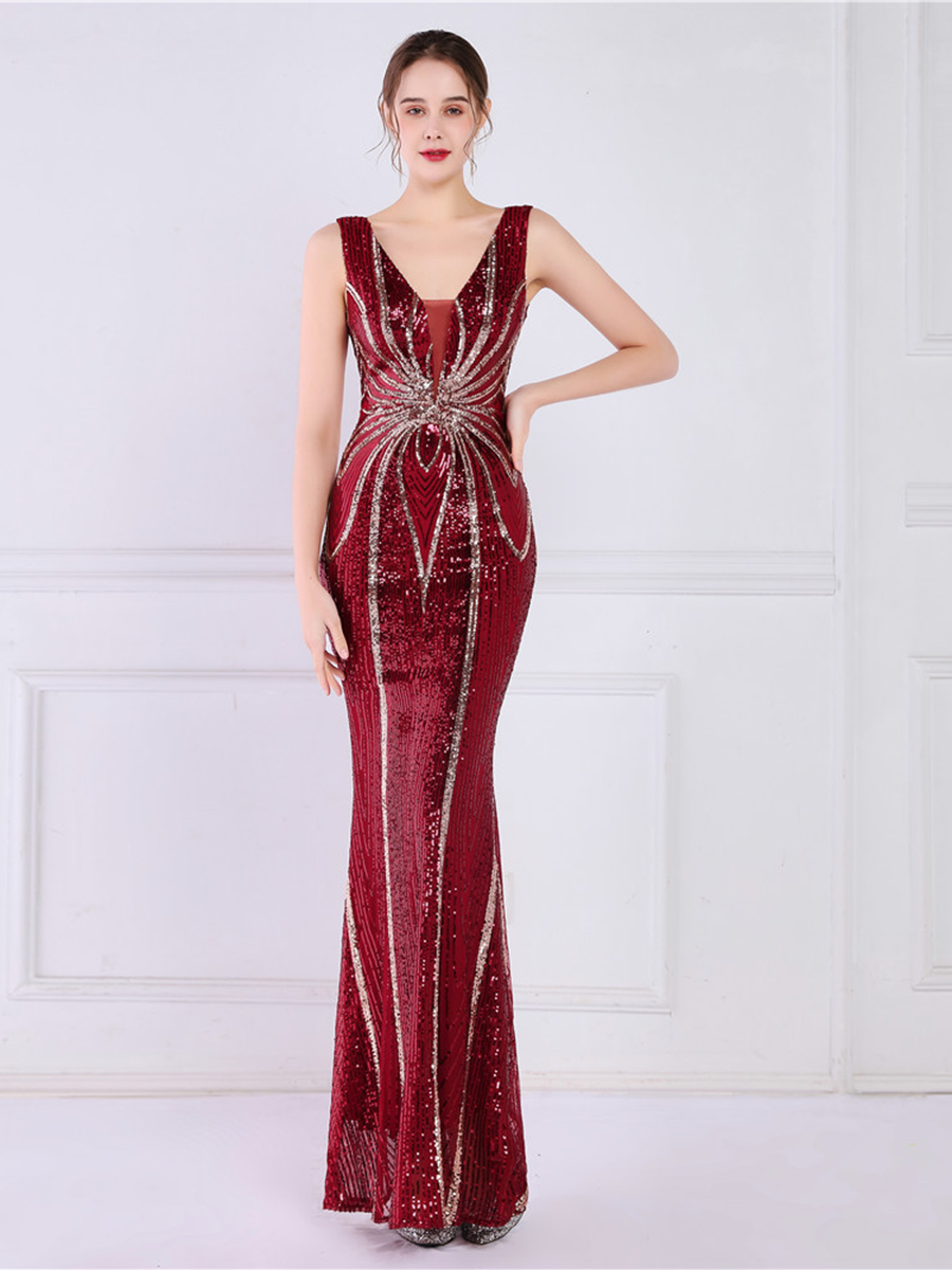 Sequin Graphic V-neck Prom Dress M02094