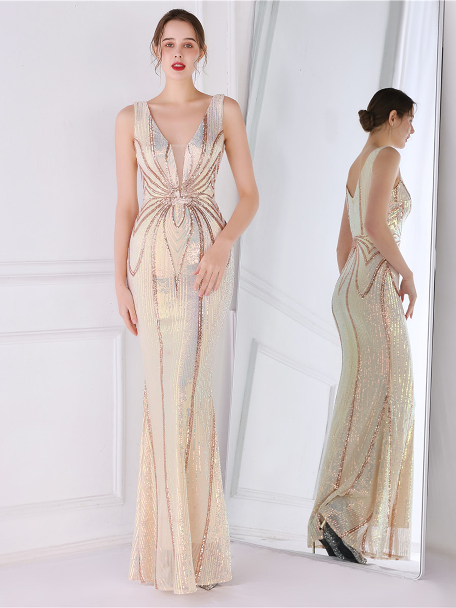 Sequin Graphic V-neck Prom Dress M02094