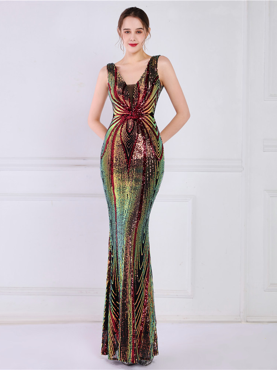 Sequin Graphic V-neck Prom Dress M02094