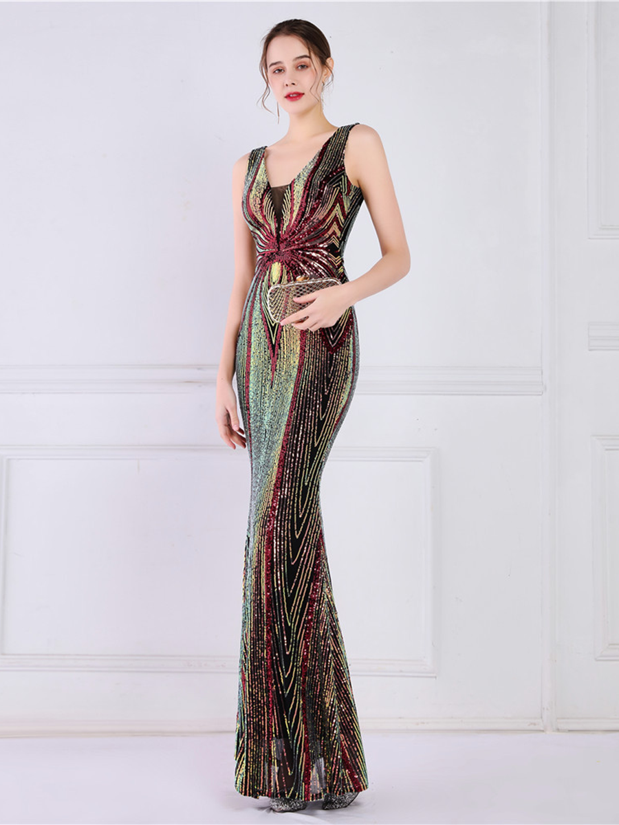 Sequin Graphic V-neck Prom Dress M02094