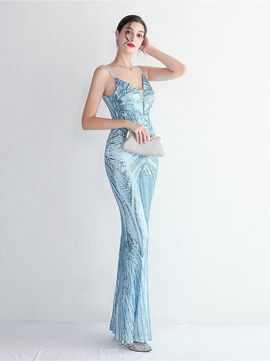 Formal Deep V Neck Spaghetti Sequin Evening Gown M02188