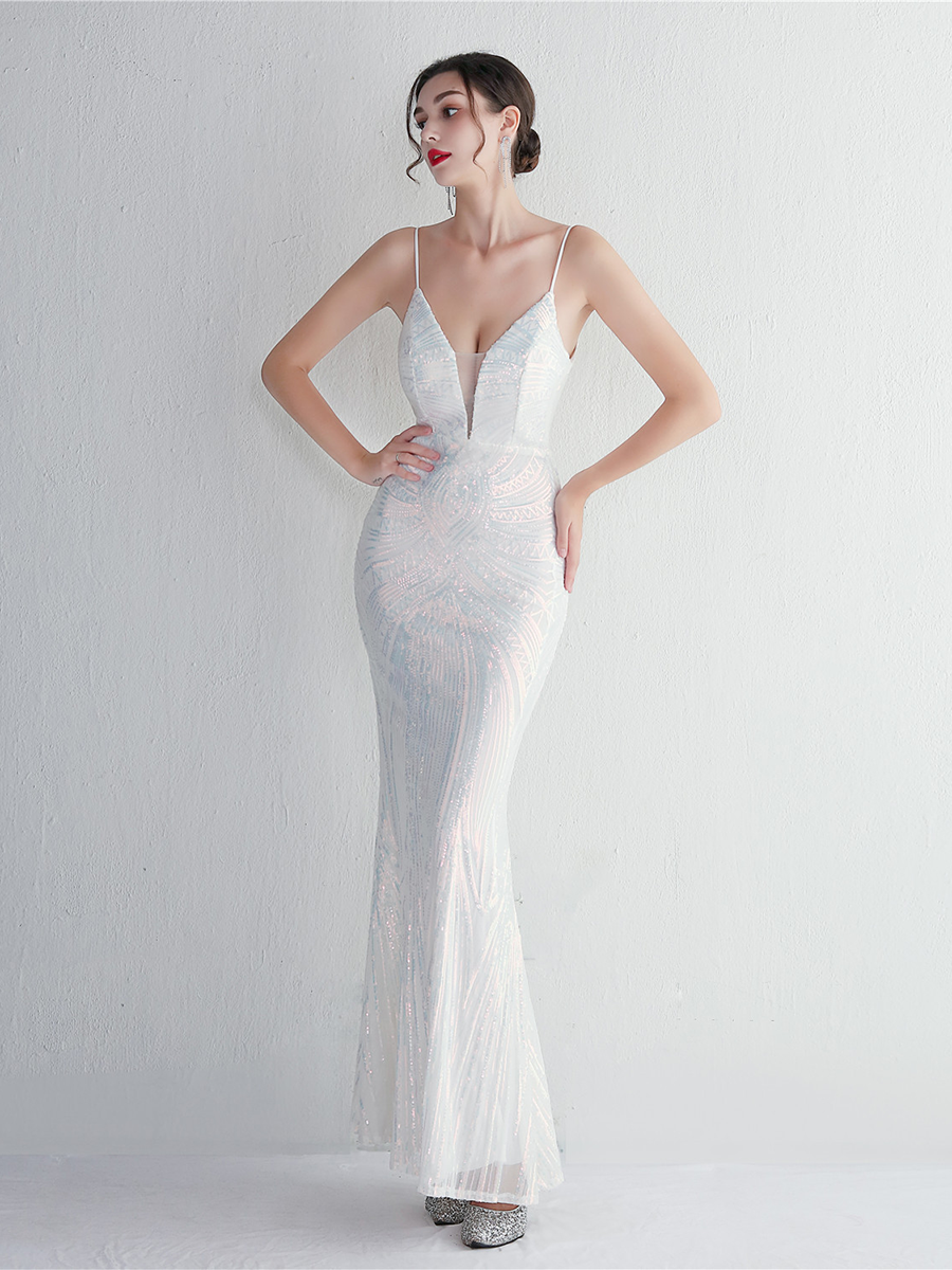 Formal Deep V Neck Spaghetti Sequin Evening Gown M02188