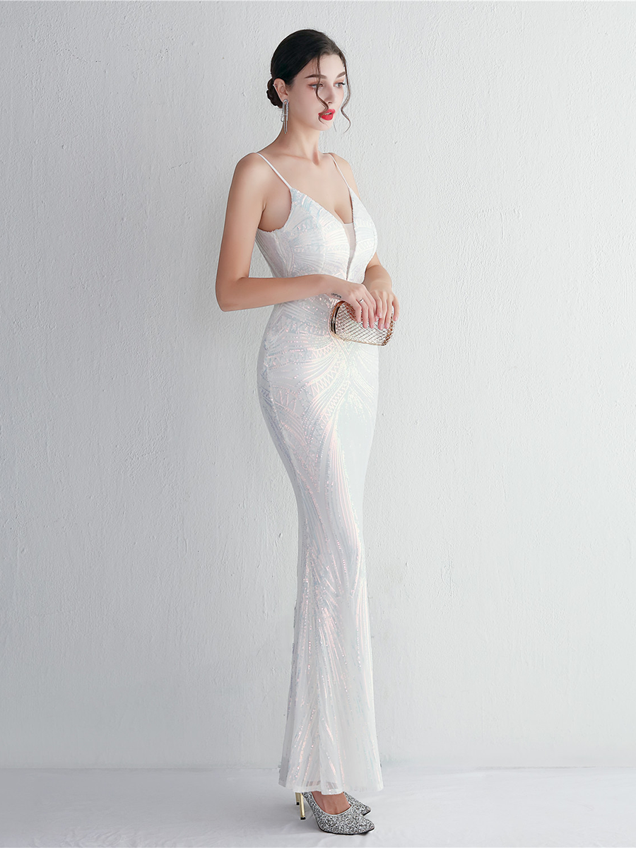 Formal Deep V Neck Spaghetti Sequin Evening Gown M02188