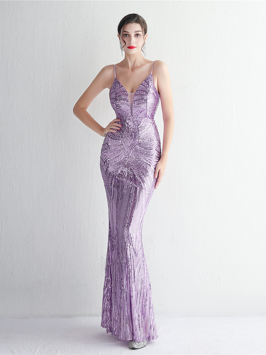 Formal Deep V Neck Spaghetti Sequin Evening Gown M02188