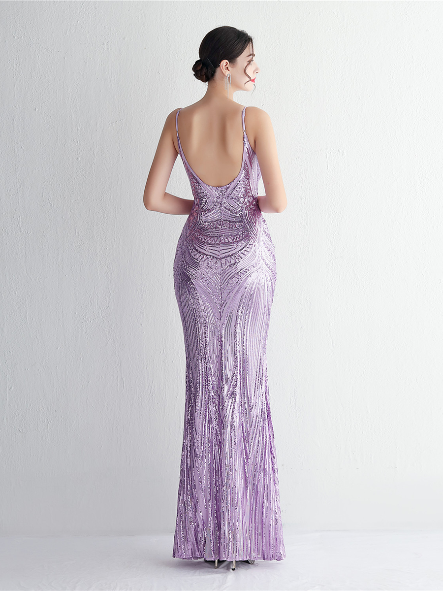 Formal Deep V Neck Spaghetti Sequin Evening Gown M02188