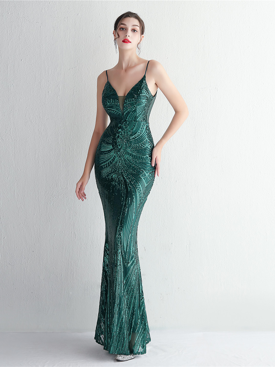 Formal Deep V Neck Spaghetti Sequin Evening Gown M02188