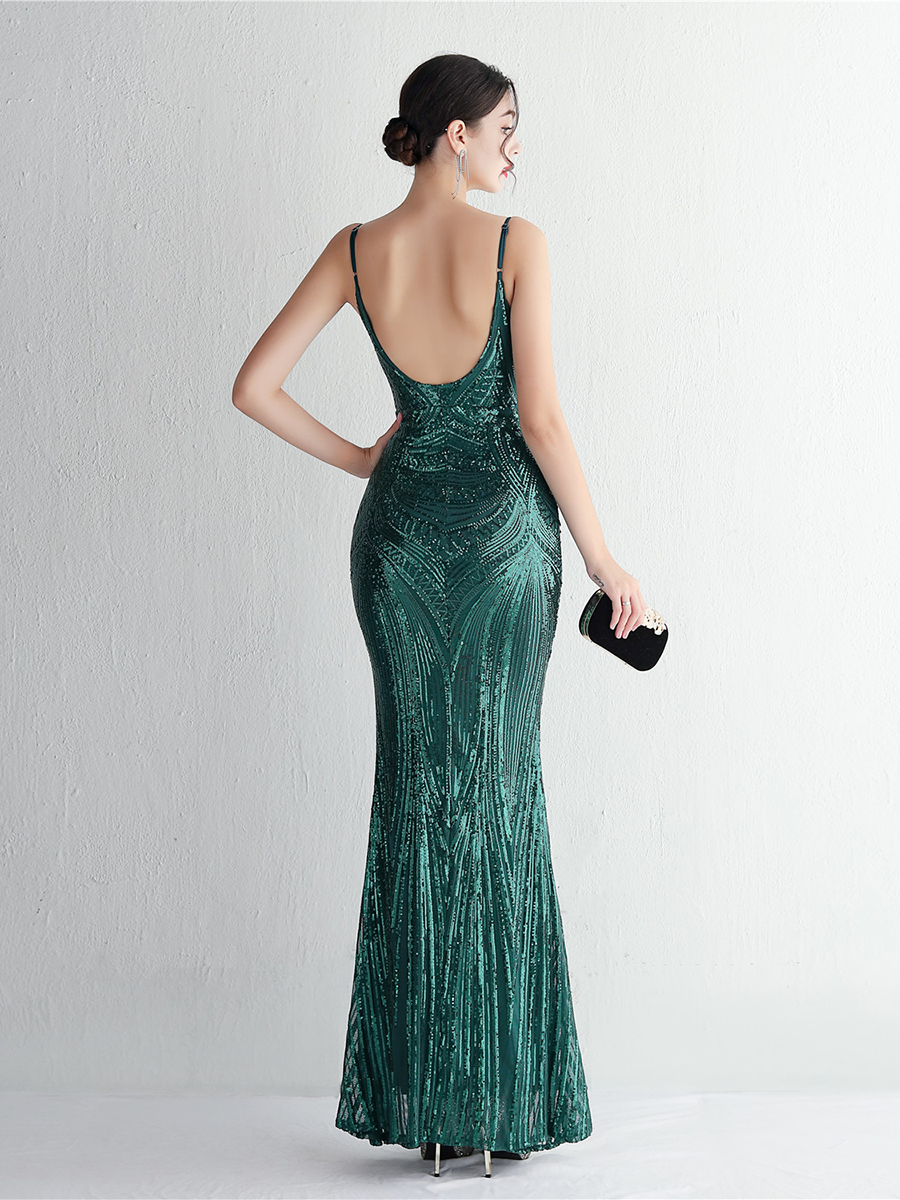 Formal Deep V Neck Spaghetti Sequin Evening Gown M02188