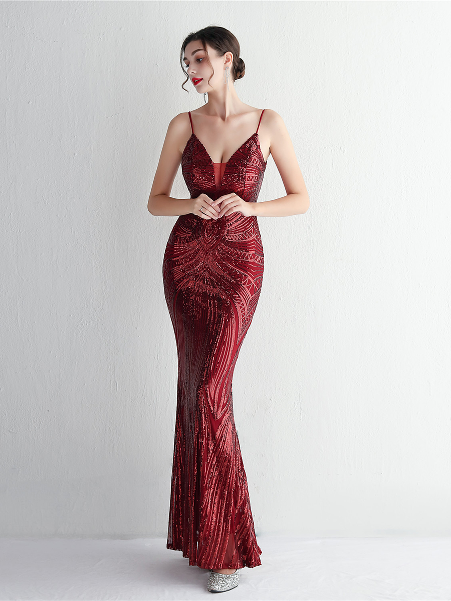 Formal Deep V Neck Spaghetti Sequin Evening Gown M02188