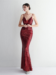 Formal Deep V Neck Spaghetti Sequin Evening Gown M02188