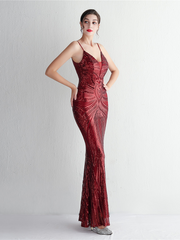 Formal Deep V Neck Spaghetti Sequin Evening Gown M02188