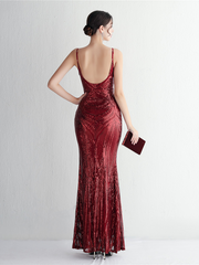 Formal Deep V Neck Spaghetti Sequin Evening Gown M02188