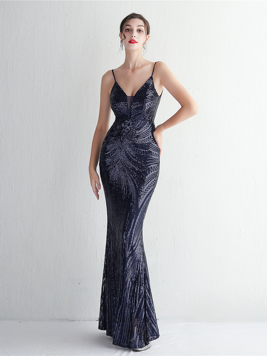 Formal Deep V Neck Spaghetti Sequin Evening Gown M02188