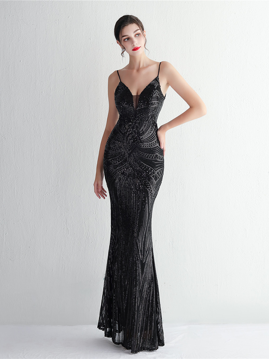 Formal Deep V Neck Spaghetti Sequin Evening Gown M02188