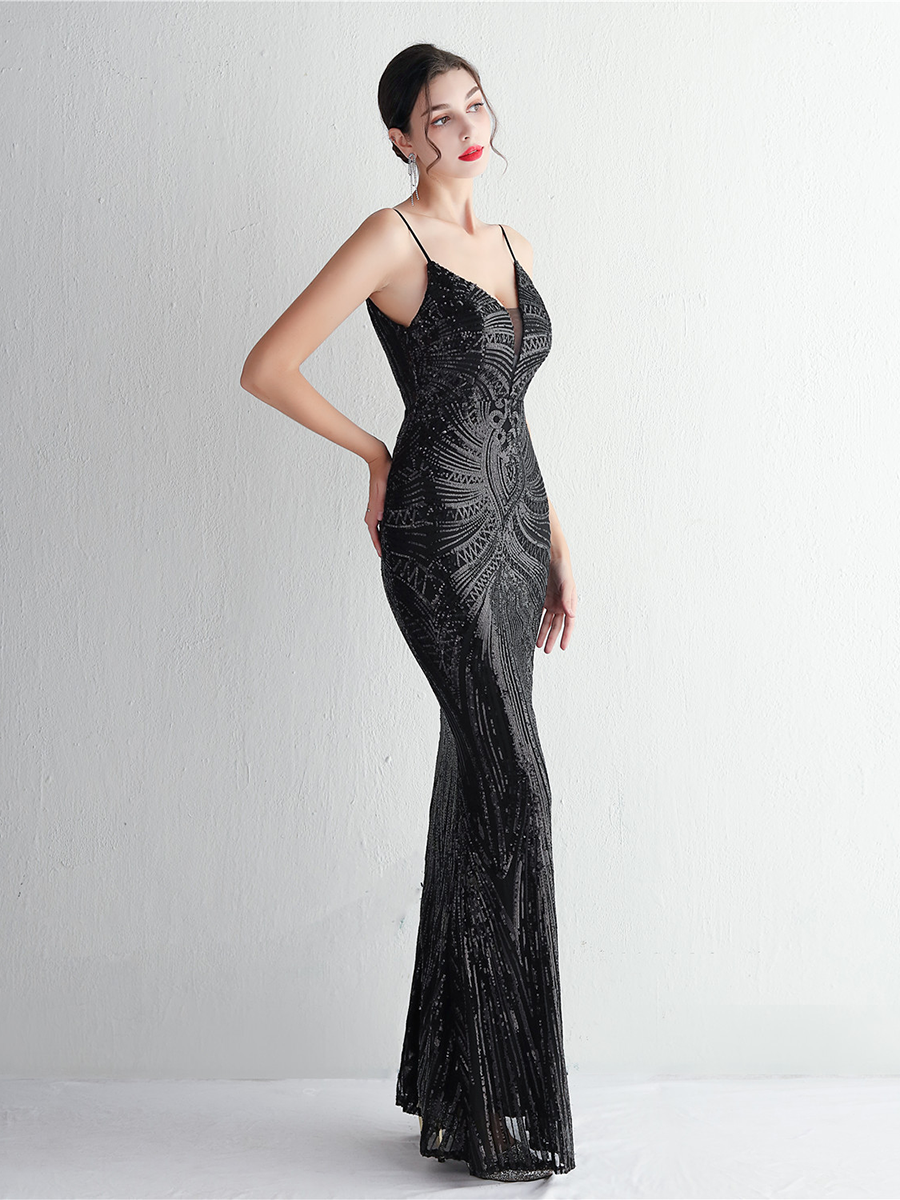 Formal Deep V Neck Spaghetti Sequin Evening Gown M02188