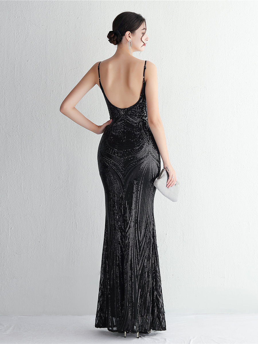 Formal Deep V Neck Spaghetti Sequin Evening Gown M02188