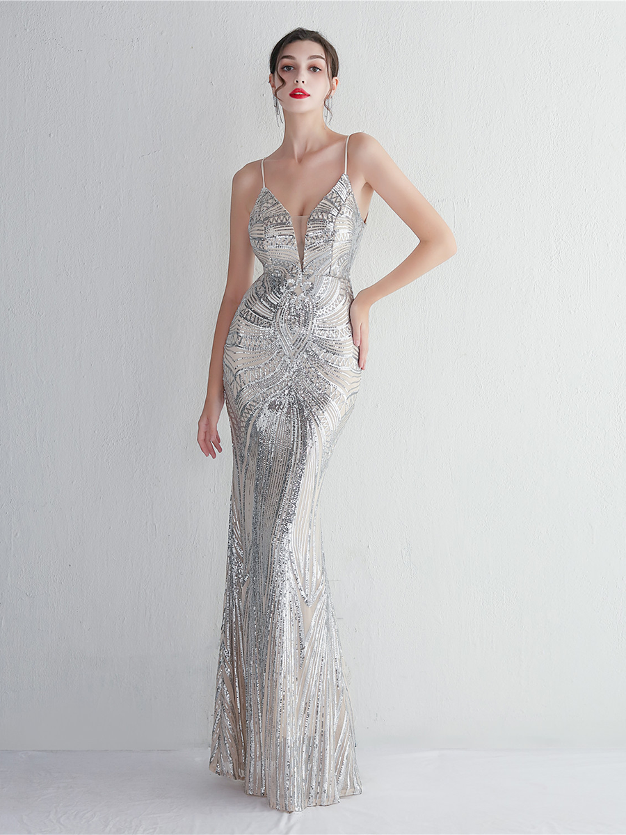 Formal Deep V Neck Spaghetti Sequin Evening Gown M02188