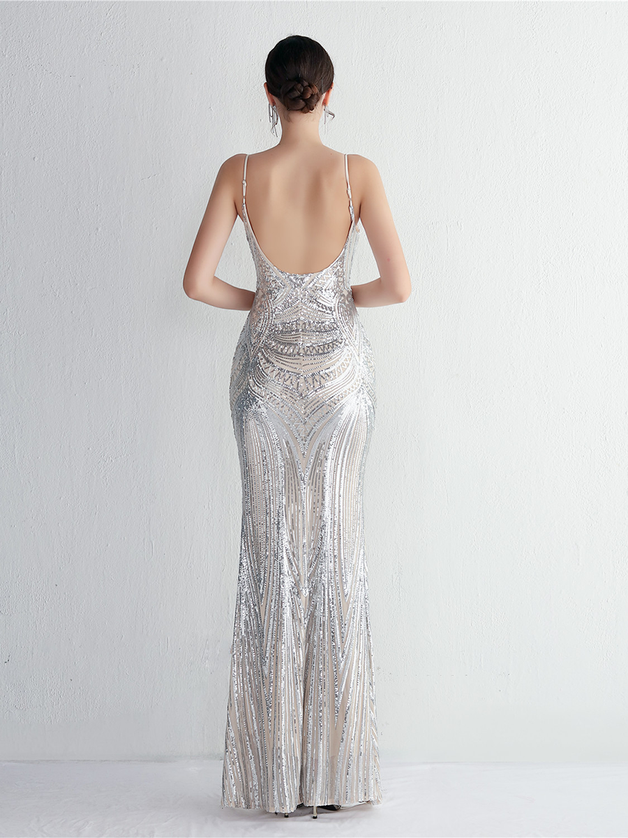 Formal Deep V Neck Spaghetti Sequin Evening Gown M02188
